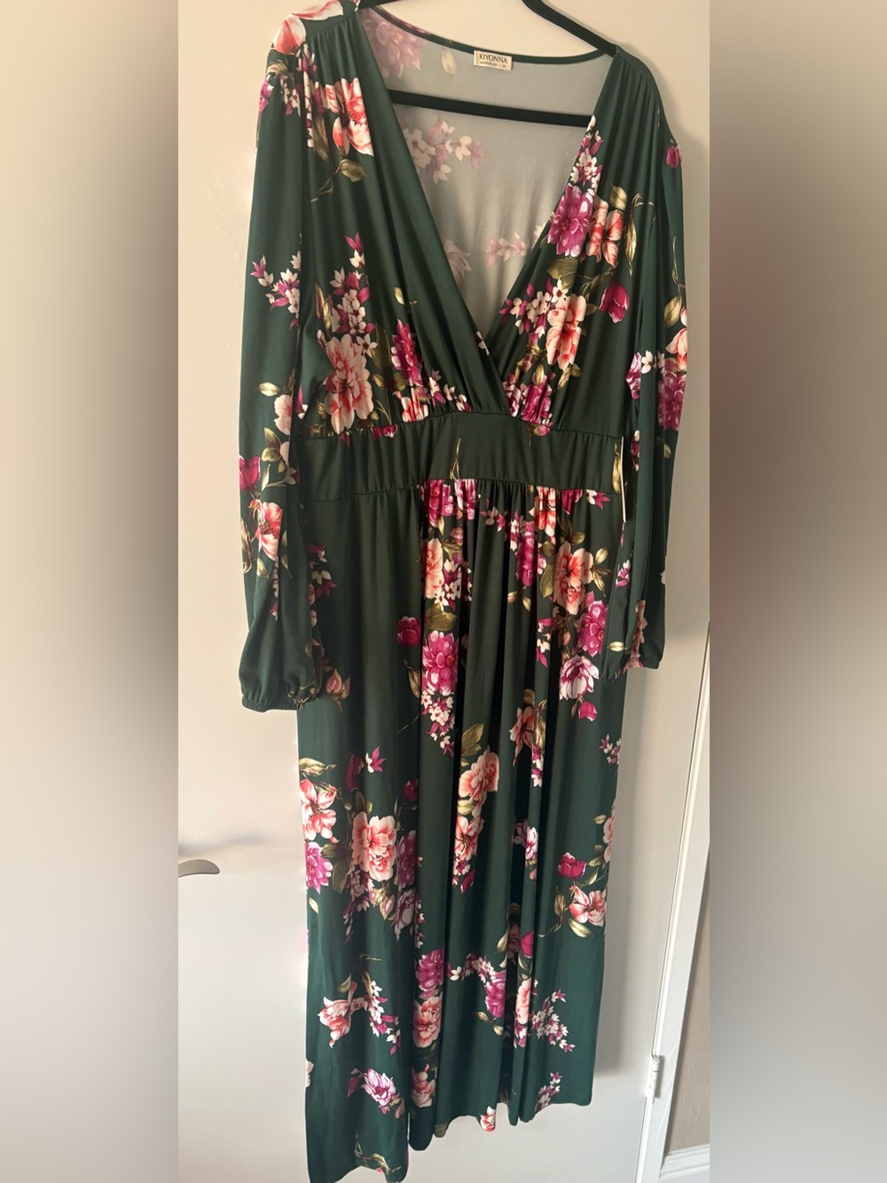 Green Floral Maxi Dress with Pink Blooms